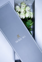 Load image into Gallery viewer, Rose, bouquet, flowers, silk, white Rose, Pink Rose, artificial flowers, flower delivery, gifting, gifting service, large box, gold, luxury, high end, chic, luxurious, collection, boutique, natural fibre, high quality, hand made, craftsmanship, silk flowers, gift, irish company, luxury gifting